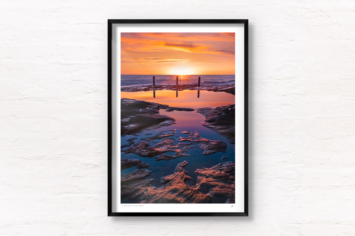 Buy fine art framed print of spectacular golden sunrise at Ivor Rowe Rock Pool, Coogee, Sydney by Allan Chan
