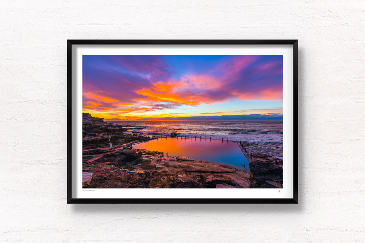 Mahon Pool Mirage. Long exposure photograph taken during a spectacular multi-coloured sunrise at Maroubra&#039;s iconic swimming pool. Framed art photography wall art print.