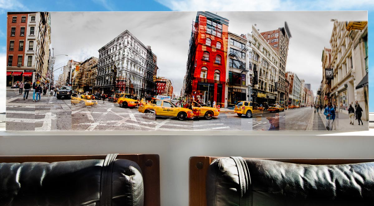 Interior design inspiration. Acrylic Facemount of abstract multiple exposure panorama print of NYC taxi’s in SOHO.