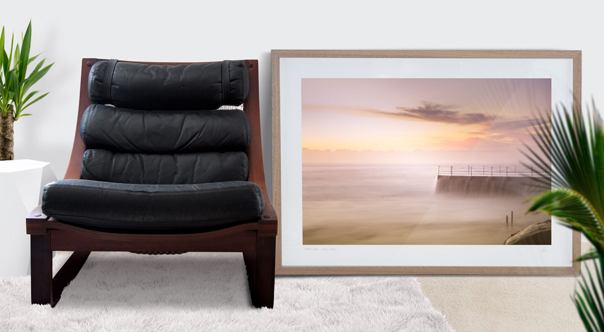 Beachy interior design inspiration. Oak Shadow Box Frame, of an angelic pastel coloured sunrise at Bondi Icebergs.