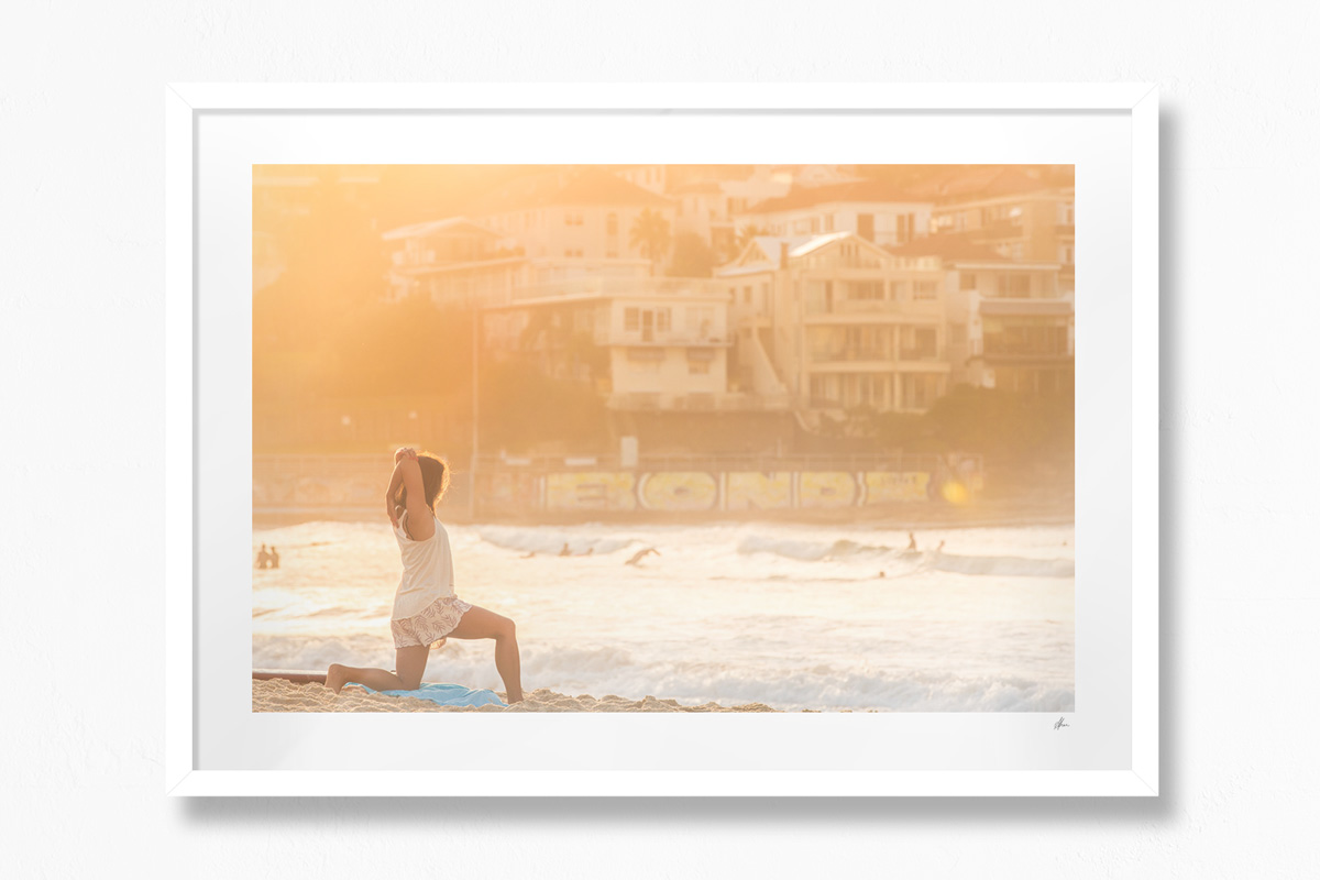Bondi Beach Yoga. Woman at sunrise