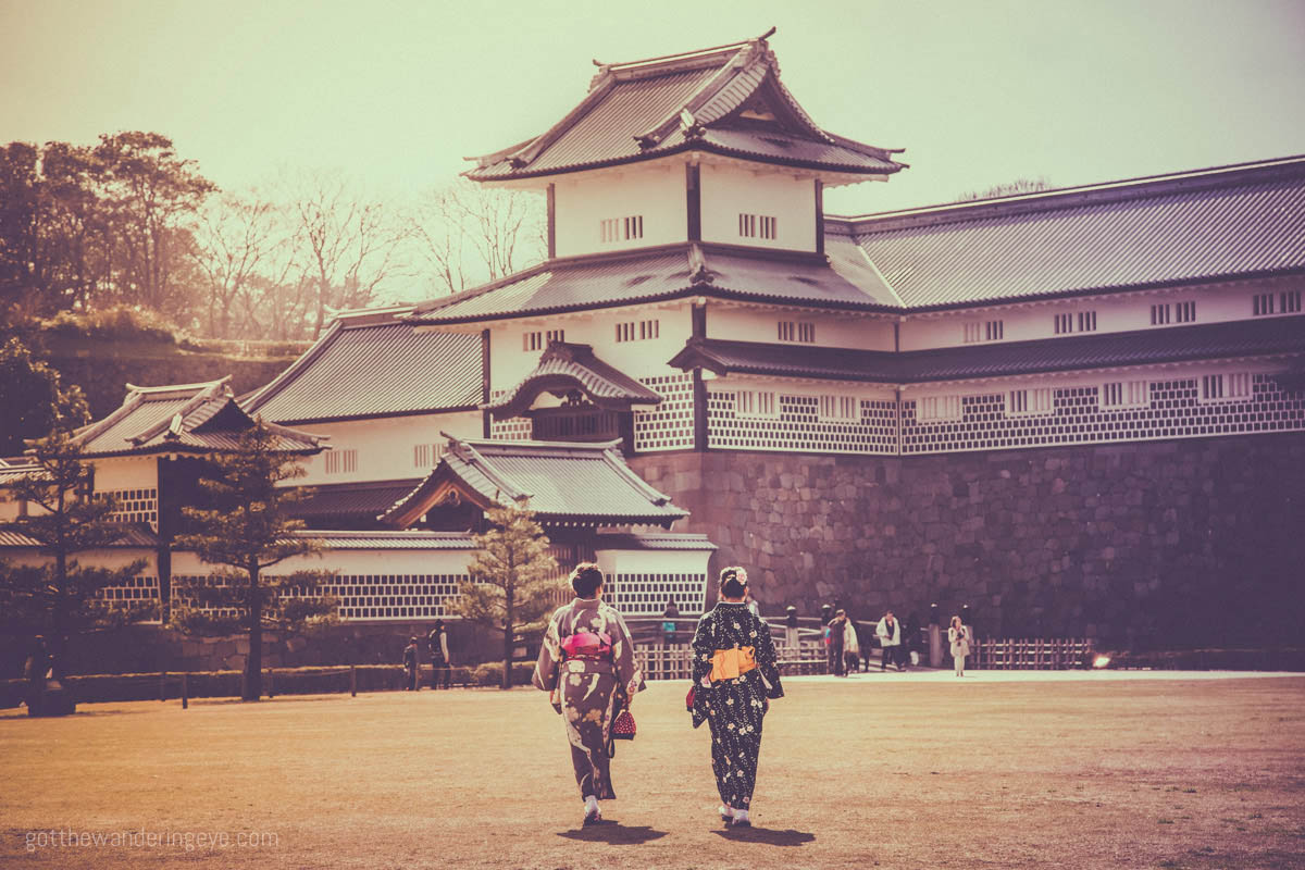 Woman in kimono walking Kanazawa Castle Park