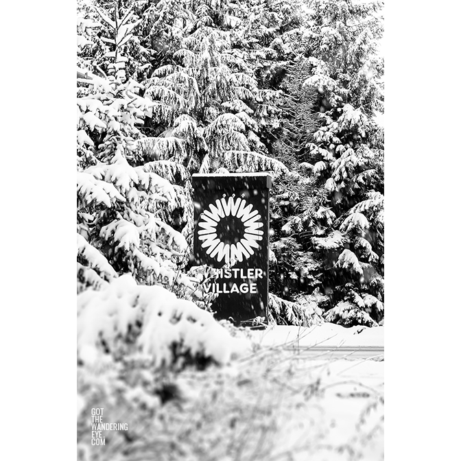 Whistler Village Sign. Retro sign in Winter