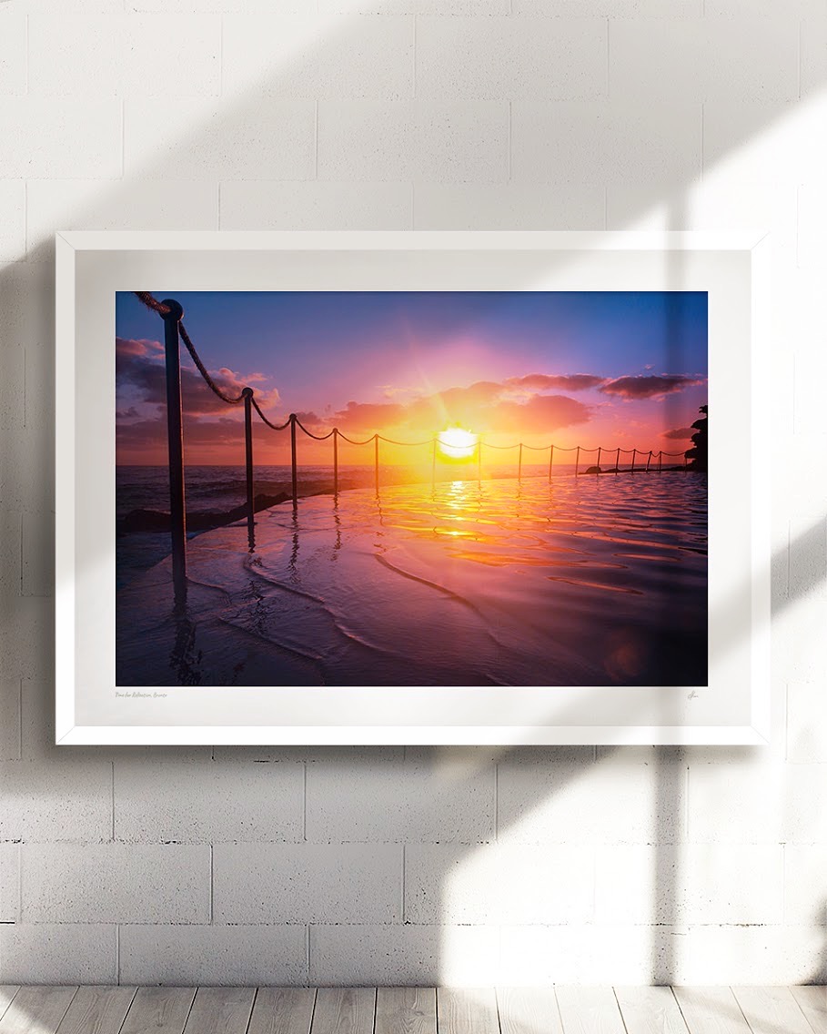 Beachy interior design inspiration. Fine art framed print of a stunning sunrise at an empty Bronte Beach Rockpool.