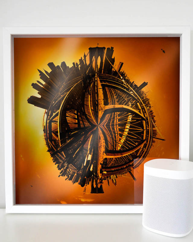 Interior styling inspiration. Unique abstract 360 degree globe framed print. Brooklyn Sunsets taken on the Brooklyn Bridge, NYC.