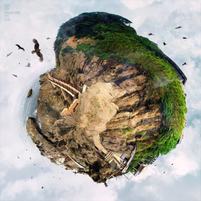 Tiny Planet Globe. Enoshima Island Japan abstract aerial photography