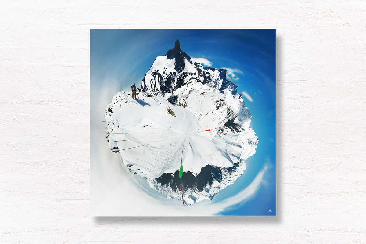 Little Planet Tiny Globe of Snowboarder in Whistler looking at Black Tusk