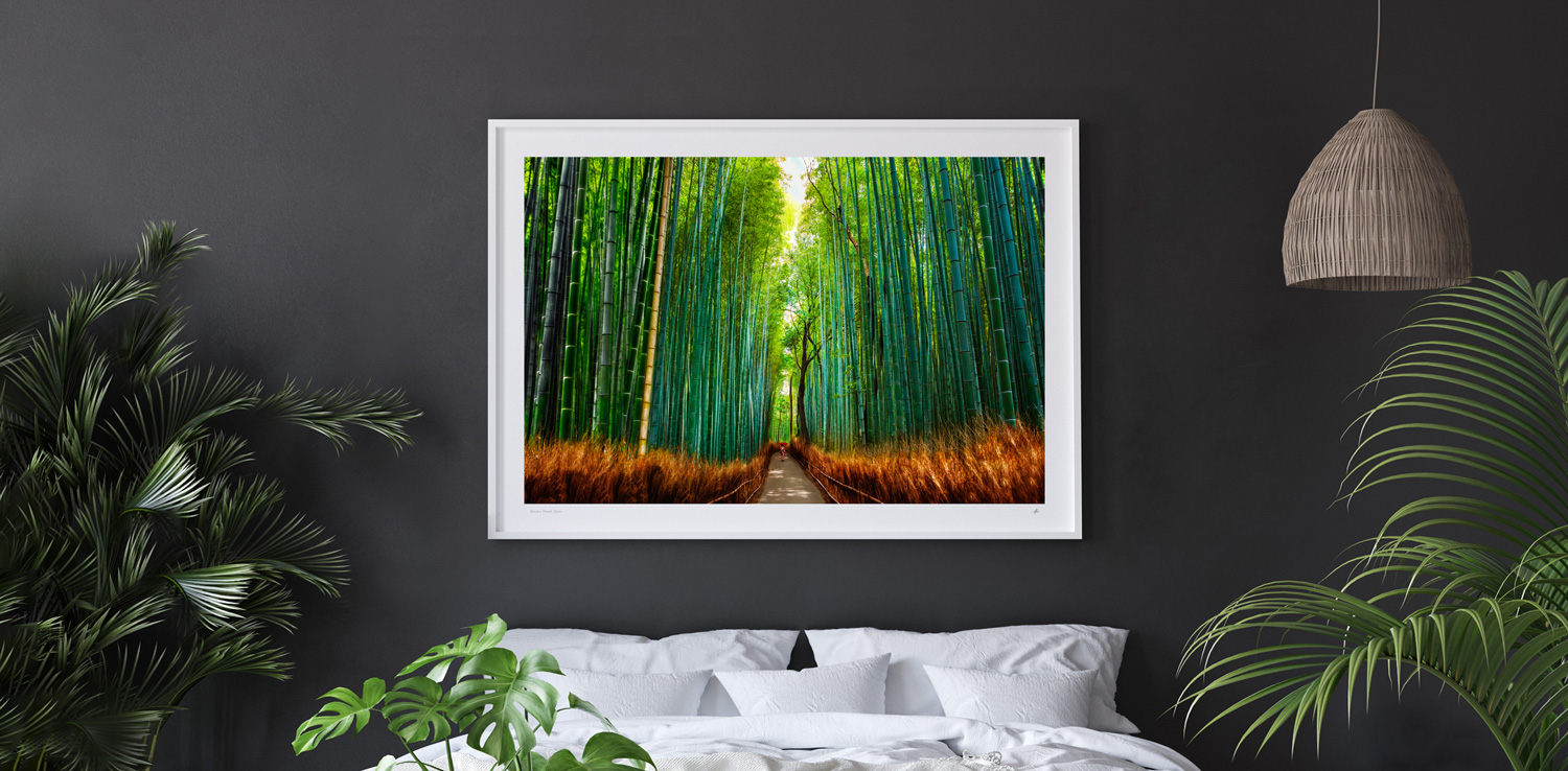 Interior design inspiration for the bedroom. Relax and find your zen with the Bamboo Forest, Japan print. 