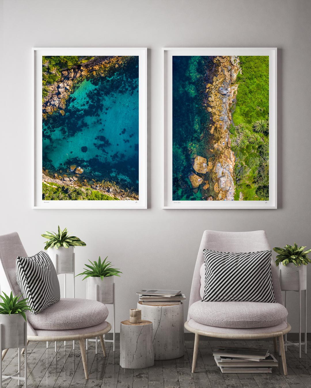 Interior styling inspiration. Fine art framed prints in white frames of Sydney’s tranquil hidden oasis Gordons Bay.