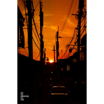 Kyoto Gion Sunset. Silhouette of powerlines