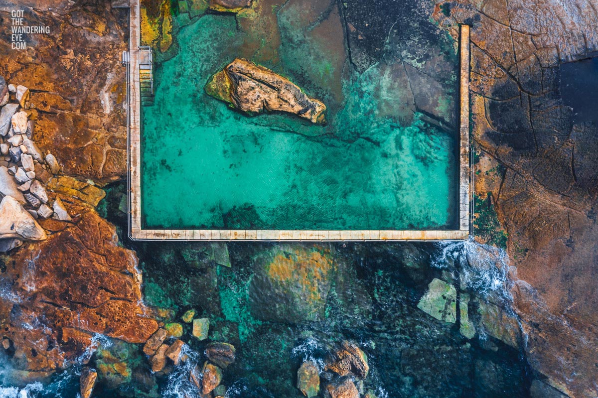 Aerial seascape on a misty morning at North Curl Curl Rockpool