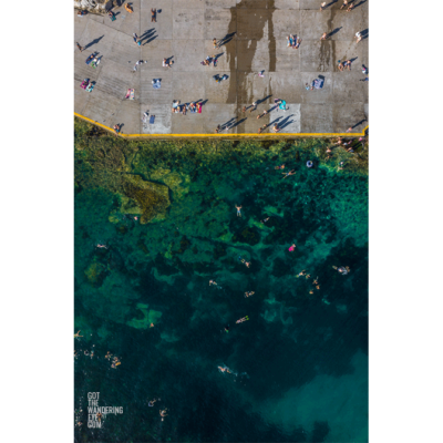 Clovelly Beach Aerial, swimmers and sunbathers