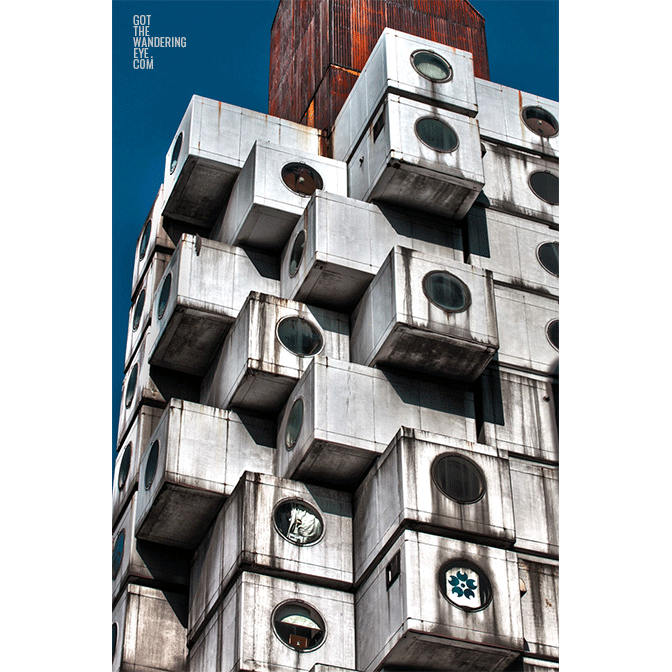 Metabolist cube architecture of Nakagin Capsule Tower in Tokyo, Japan