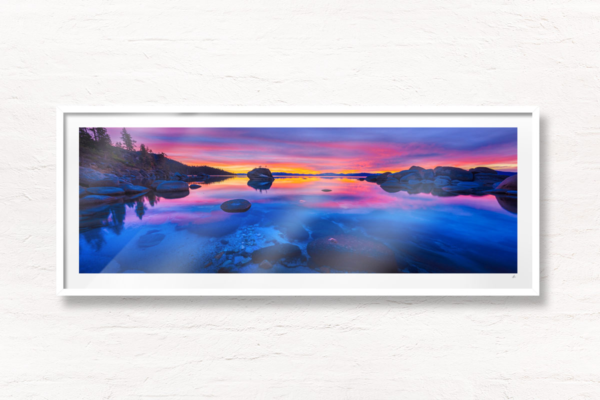 Bonsai Rock Sunset Panorama. Sunset reflection on Lake