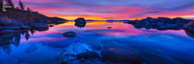 Bonsai Rock Sunset Panorama. Sunset reflection on Lake