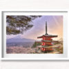 Chureito Pagoda Sunset during the Cherry Blossom Season. Mount Fuji in the background.