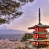 Chureito Pagoda Sunset during the Cherry Blossom Season. Mount Fuji in the background.