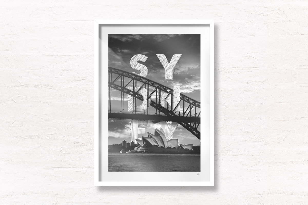 Sydney City Art Poster, Iconic Sydney Harbour Bridge and Opera house typography design