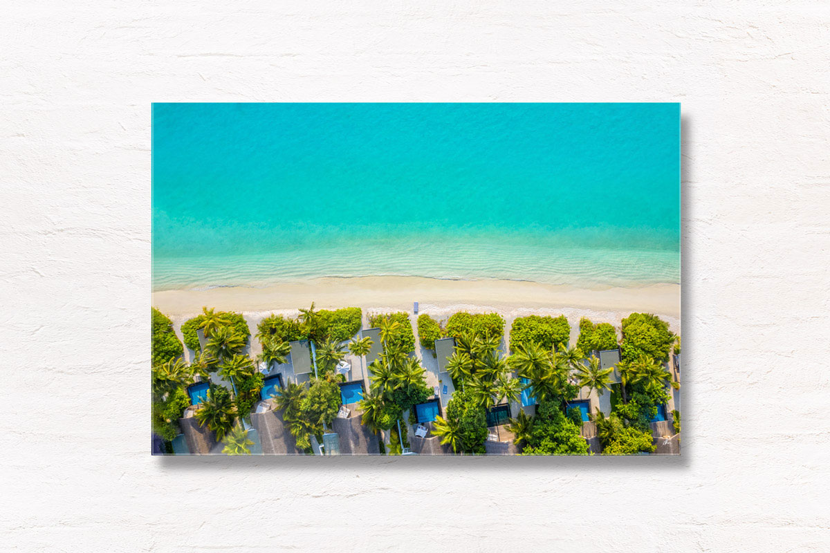 Maldives Islands Aerial Landscape. Tropical Beach House