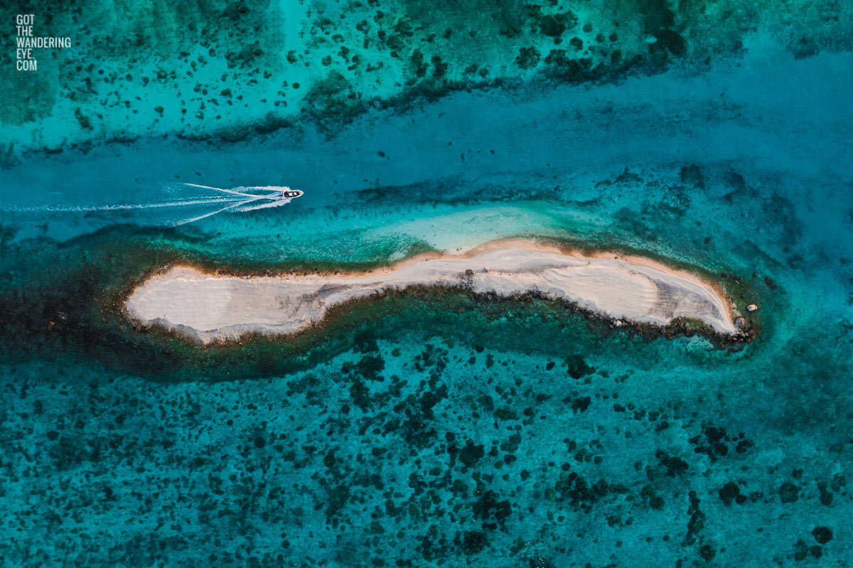Speedboat aerial view above the Maldives Indian Ocean