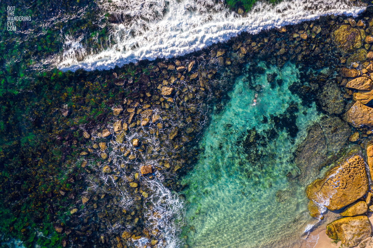 Aerial photograph of a man swimming in The Bogey Hole, Bronte Beach