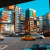 Shinjuku Tokyo Japan. Colourful taxi and buildings