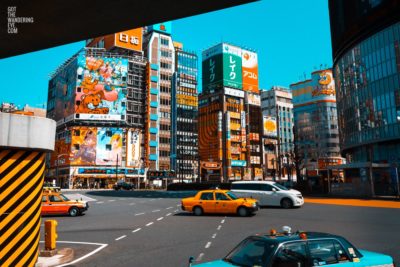 Shinjuku Tokyo Japan. Colourful taxi and buildings