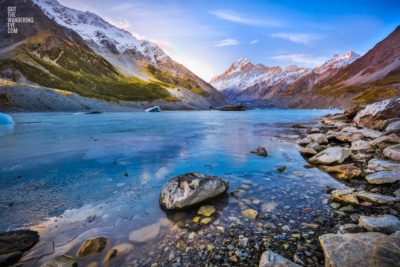 Frozen Hooker Lake at Mount Cook New Zealand