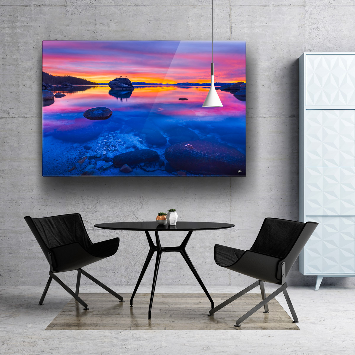 Interior styling inspiration from Gotthewanderingeye. Acrylic Facemount print of sunset. Zen at Bonsai Rock, Lake Tahoe.