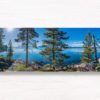 Lake Tahoe Views. Panoramic mountain, pine trees, boulders.