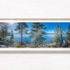 Lake Tahoe Views. Panoramic mountain, pine trees, boulders.