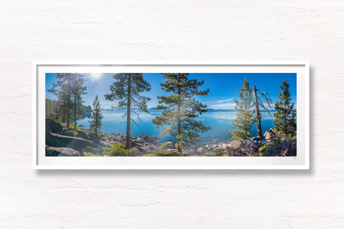Lake Tahoe Views. Panoramic mountain, pine trees, boulders.