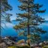 Lake Tahoe Views. Panoramic mountain, pine trees, boulders.