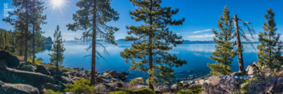 Lake Tahoe Views. Panoramic mountain, pine trees, boulders.