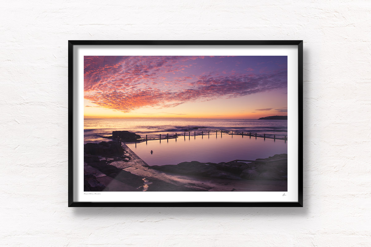 A lone swimmer witnessing a gorgeous pink sky sunrise over Mahon Pool, Maroubra