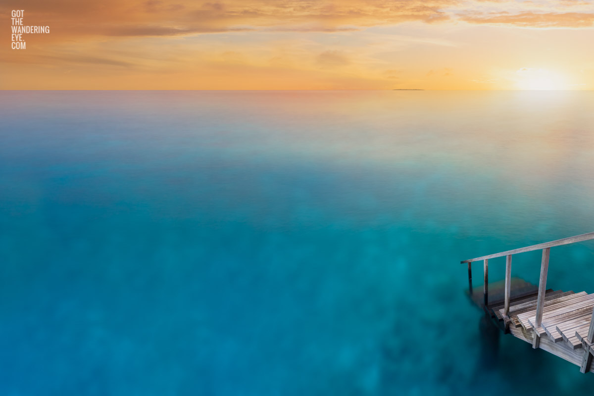 Maldives Indian Ocean. Sunset at an overwater Bungalow.