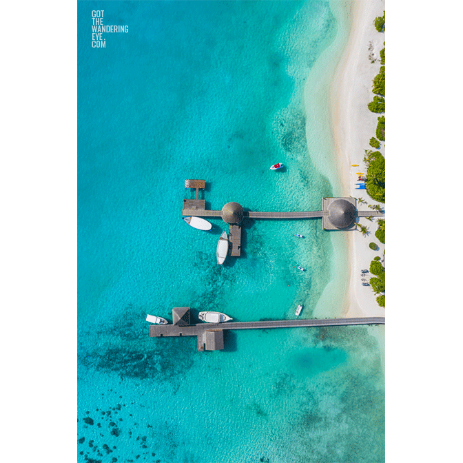 Water Villa Jetty Maldives. Aerial landscape view