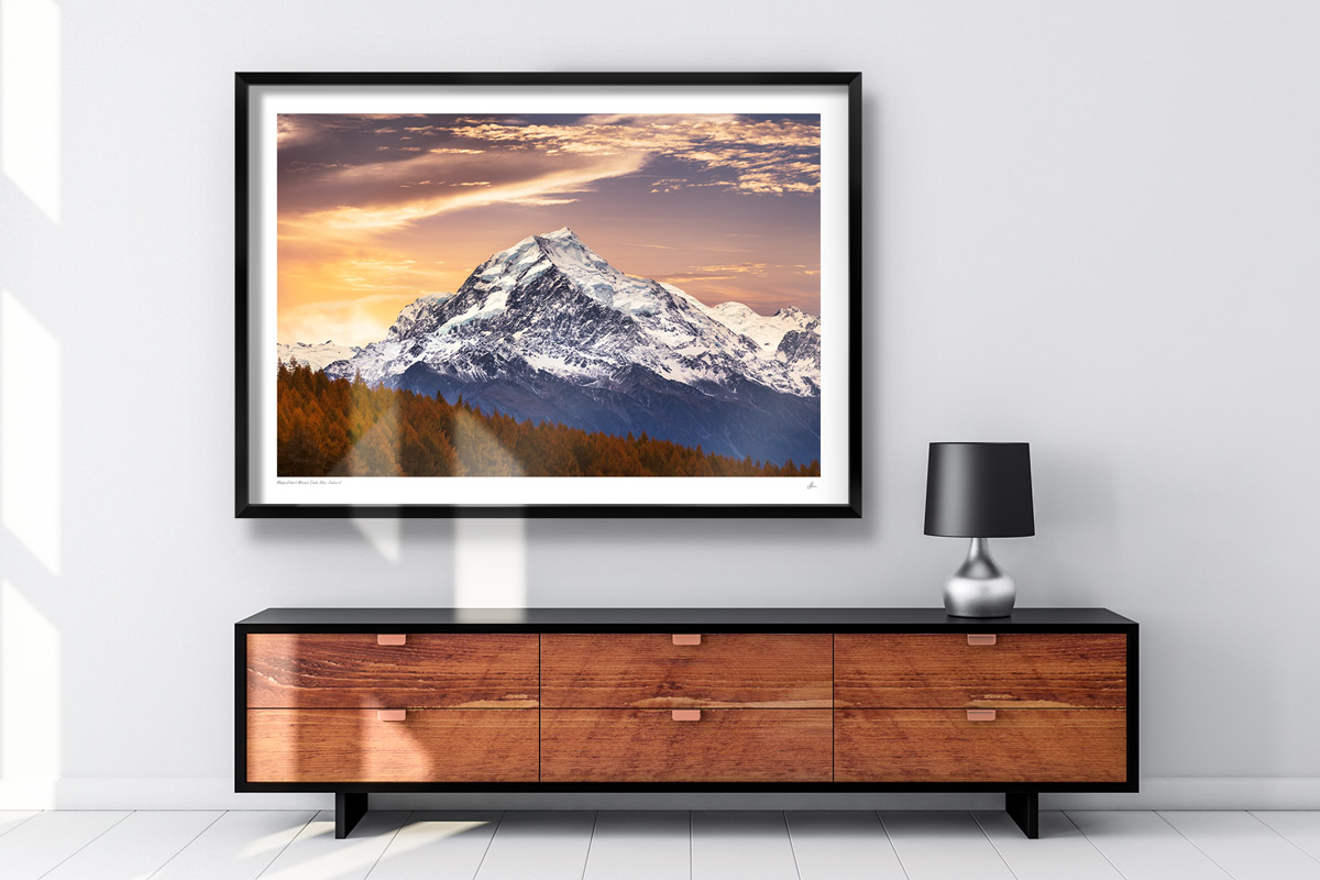 Interior design inspiration. Travel photography landscape lovers. Sun setting on snowcapped Mount Cook, New Zealand