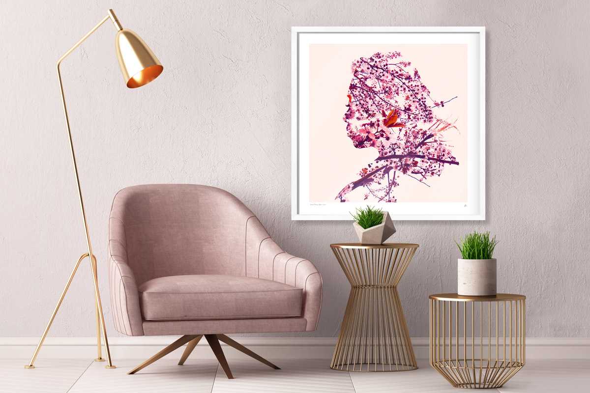 Interior design inspiration. Framed fine art print. Multiple exposure portrait of woman and cherry blossoms season, Kyoto, Japan.