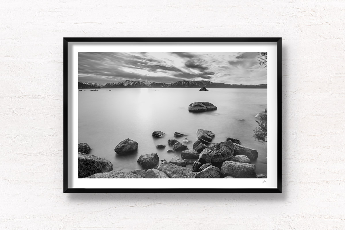 Silky black & white, long exposure photograph at Lake Tahoe