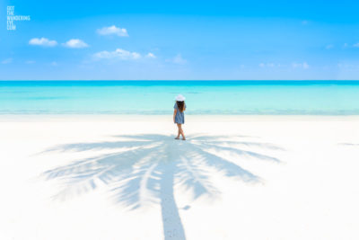 Palm Tree Beach Shadow. Woman on secluded Maldives Beach