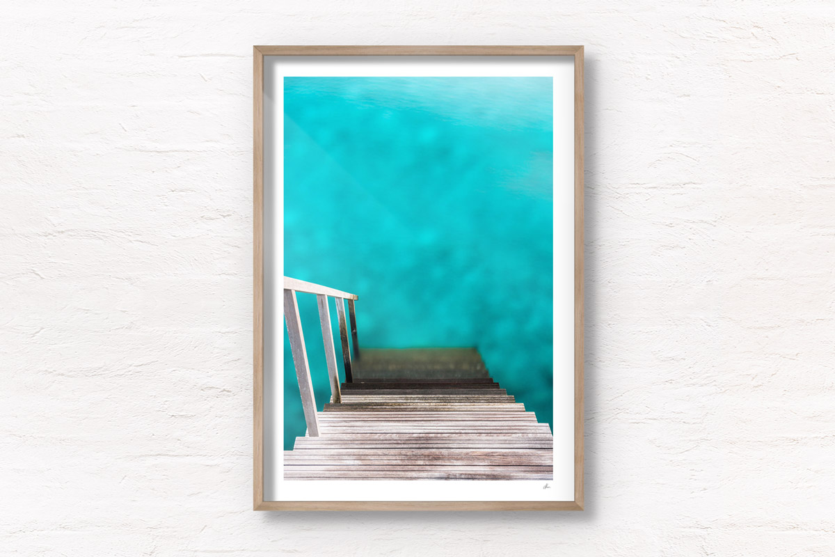 Fine Art Photography Print. Steps down from an overwater bungalow into blue lagoon, Maldives.