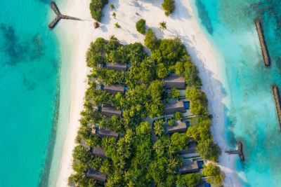 Tropical Island Palm Trees aerial view Maldives