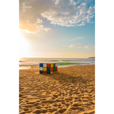 Rubiks Cube Sculpture Maroubra. Golden sunrise at the iconic Rubik's Cube on Marouba Beach, Sydney