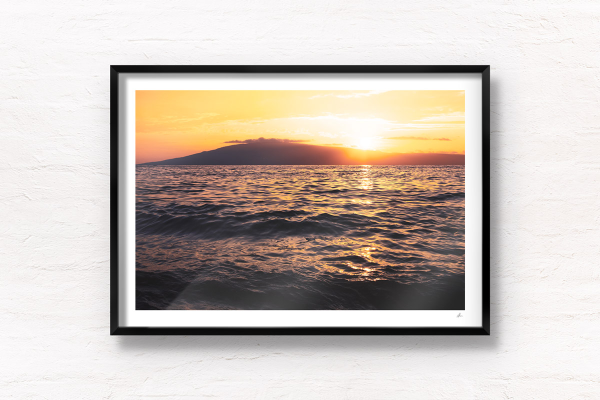 Fine Art Photography Print. Spectacular golden sunset dipping into the ocean in Maui, Hawaii