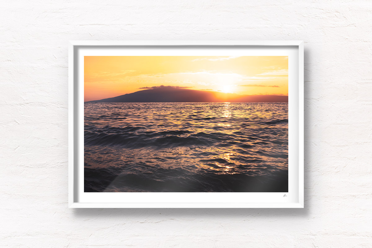 Fine Art Photography Print. Spectacular golden sunset dipping into the ocean in Maui, Hawaii