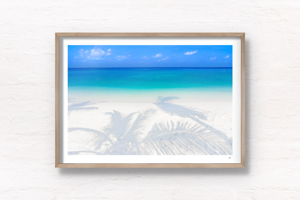 Fine Art Photography Print. Oceanscape of a tropical paradise in Maldives, with palm tree shadows and clear water.