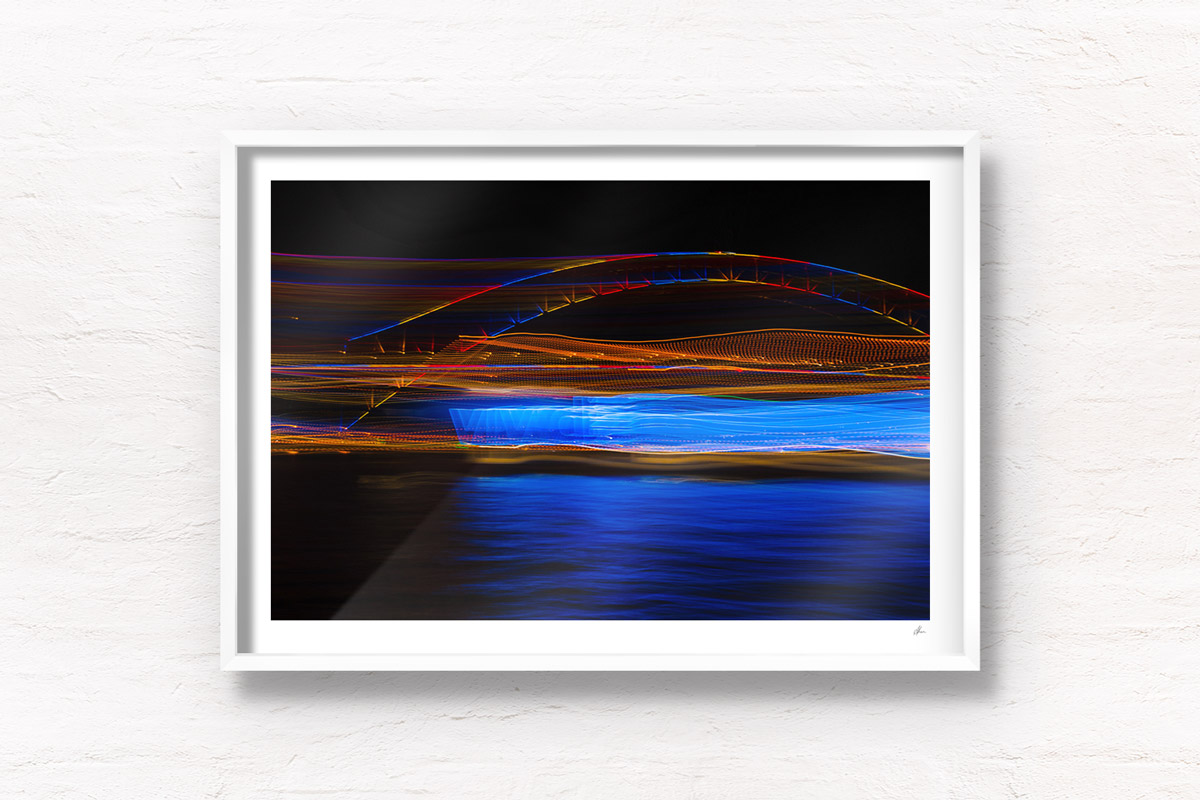 Long exposure, light painting photography of Vivid Festival. Light trails of Sydney Harbour Bridge, Australia