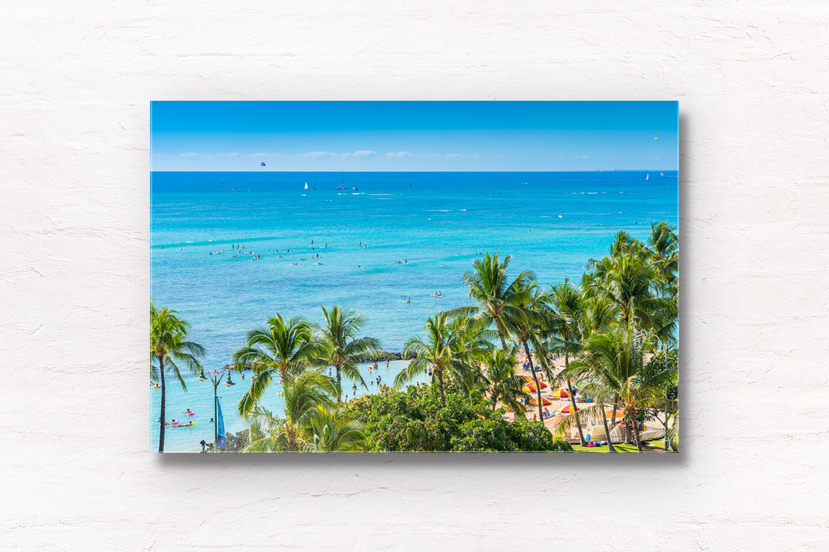 Fine Art Photography Print. Aerial, oceanscape of palm trees on world famous Waikiki Beach, Oahu, Hawaii