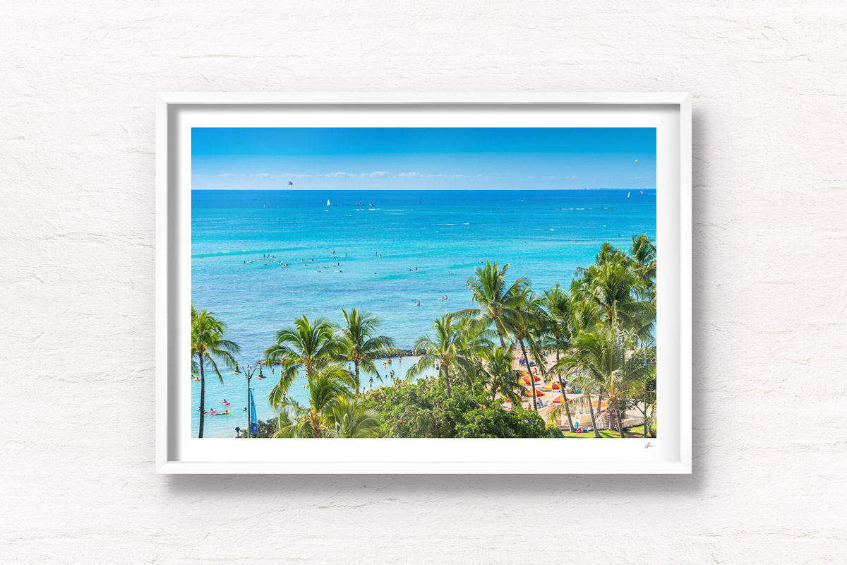 Fine Art Photography Print. Aerial, oceanscape of palm trees on world famous Waikiki Beach, Oahu, Hawaii